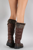 Faux Fur Cuff Lace Up Nylon Knee High Boots