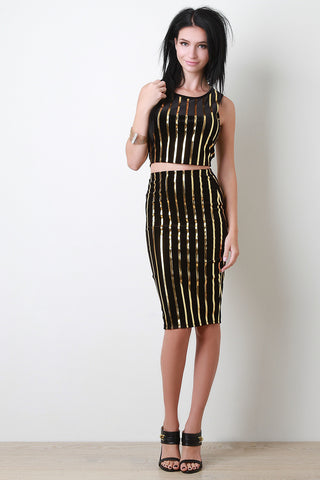 Metallic Gold Striped Velveteen Skirt