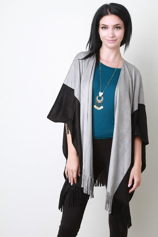 Two-Tone Faux Suede Fringe Cape