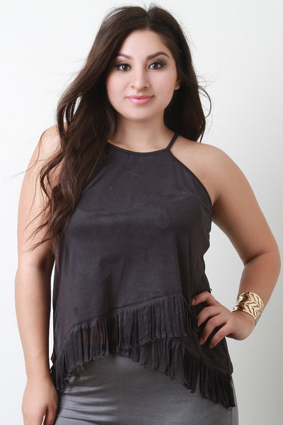 Suede Fringe Sleeveless Cami Crop Top