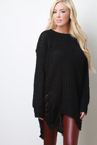 Shredded Loose Knit Long Sleeve Sweater