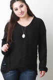 Side Shredded Cable Knit Long Sleeves Sweater Top