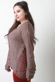 Side Shredded Cable Knit Long Sleeves Sweater Top