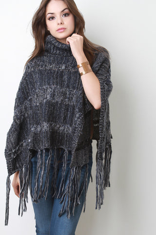 Marled Cable Knit Turtleneck Tassel Hem Poncho