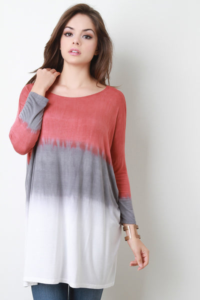 Horizontal Tie Dye Dolman Sleeves Boxy Cut Tunic Top