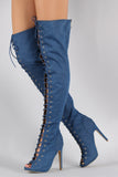 Denim Corset Lace Up Peep Toe Stiletto Over-The-Knee Boots