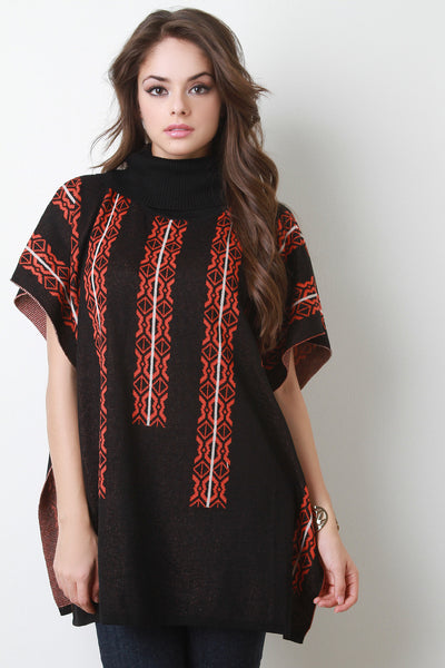 Knit Tribal Turtleneck Poncho Top