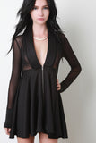 Deep V-Neck Mesh Contrast Long Sleeves Fit And Flare Dress