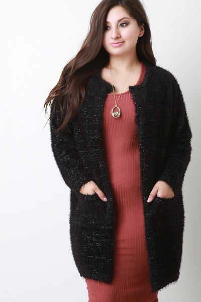 Plush Metallic Knit Pocket Cardigan